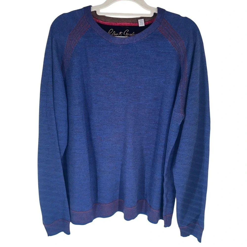 Robert Graham Sweater Men's XL Blue Crew Neck Red Trim Classic Fit EUC Preppy